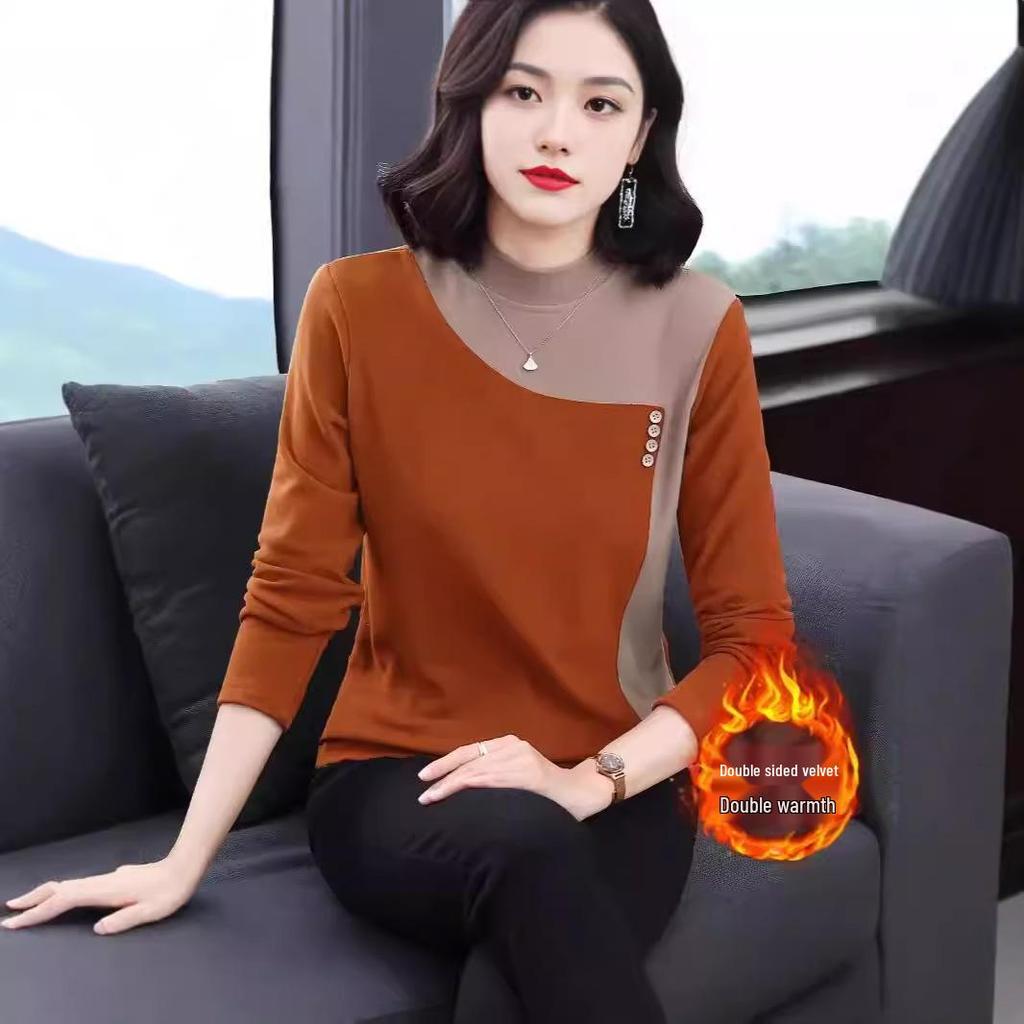 Round Neck Long Sleeve German Velvet Color Block T-shirt for Autumn and Winter