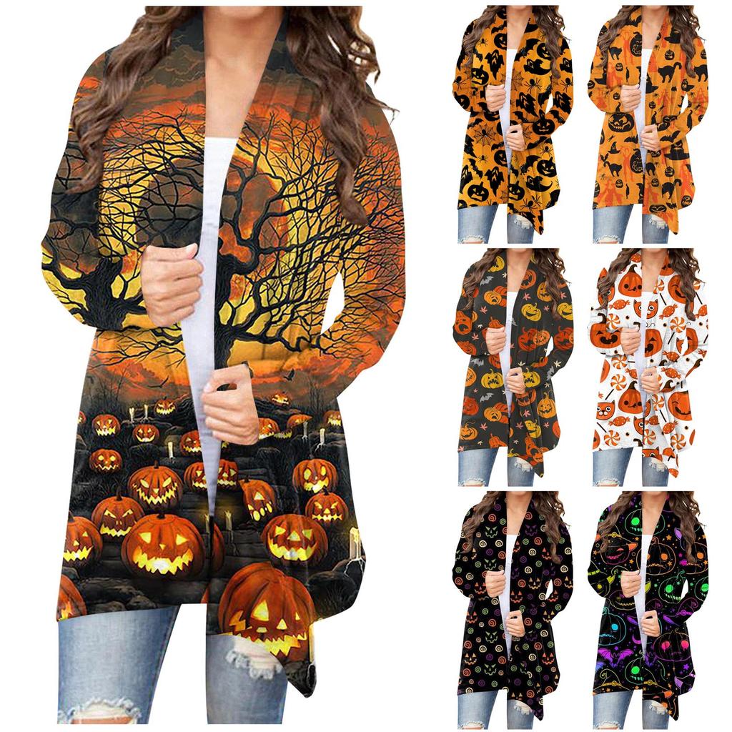 Women's Fashion Casual Floral Halloween Print Medium Length Cardigan Jacket Coat