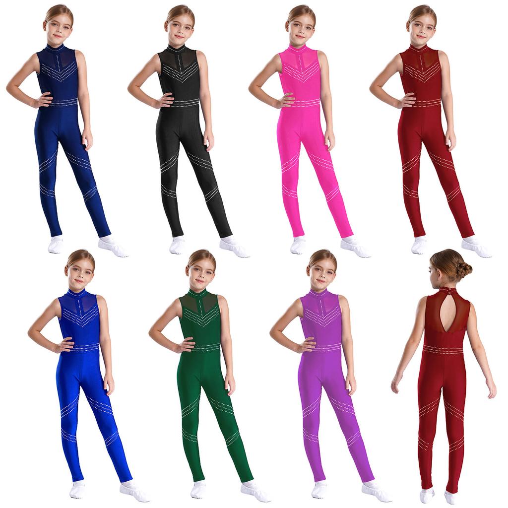 Girls Figure Skating Gymnastics Dance Jumpsuit Sleeveless Mesh Patchwork Shiny Rhinestone Full Body Leotard Rompers