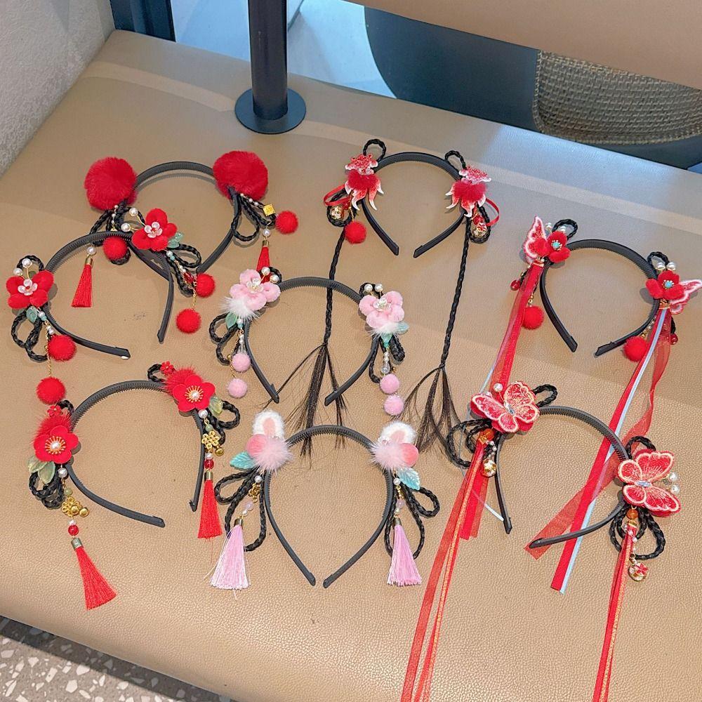 Flower Children Wig Headband Butterfly Hanfu Headwear Lovely Chinese New Year Headwear Daily