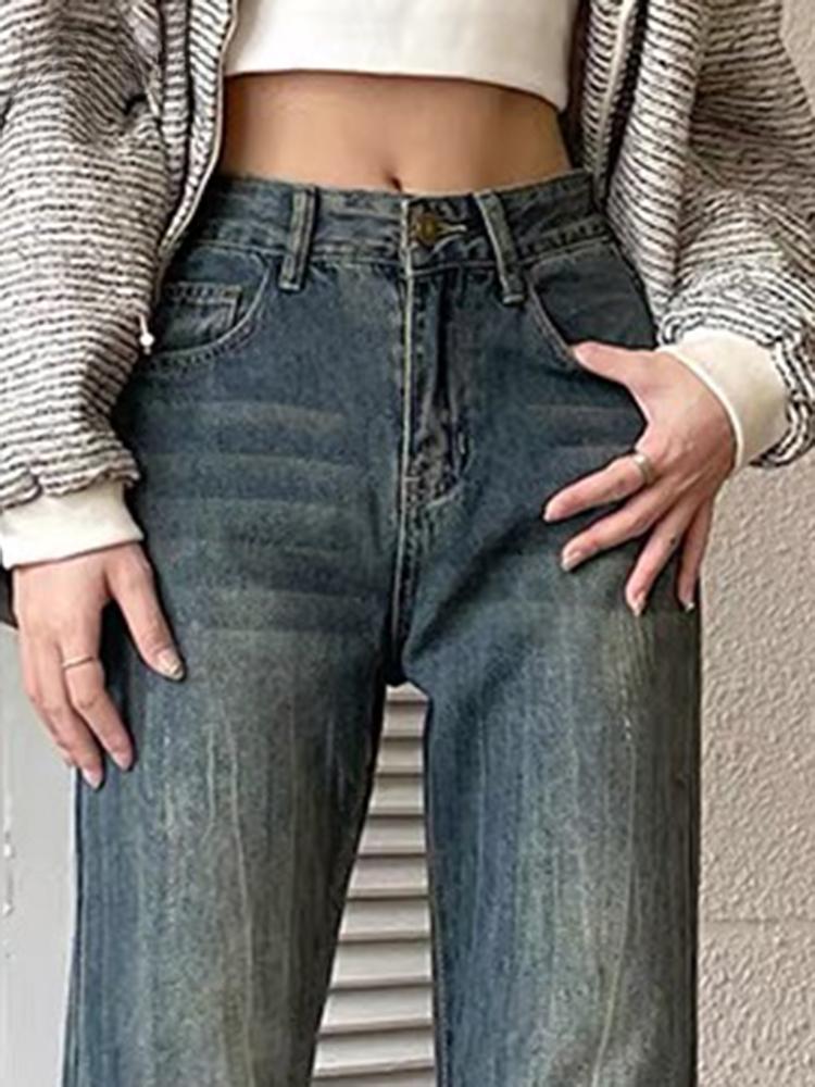 Korean Fashion Slim Casual Vintage Blue Women‘s Jeans Winter American Style Chic Office Ladies Pockets Basic Female Flare Pants