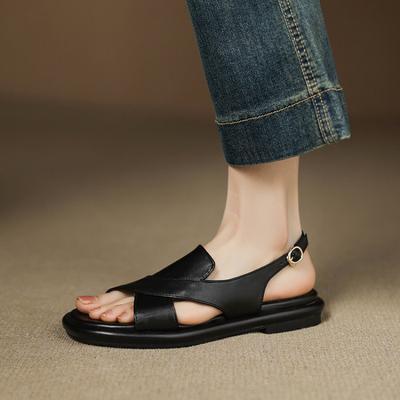 Летние женские сандалии с широкими ремешками, с открытой пяткой, на плоской подошве, женские резиновые сандалии с мягкой подошвой большого размера, новинка корейской версии, с круглым носком