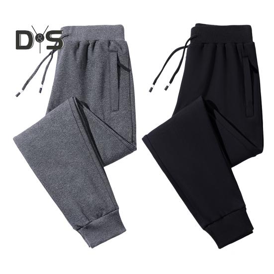 Winter Men Pants Thick Plush Drawstring Elastic Waist Heat Retention Zipper Pockets Plus Size Ankle-banded Solid Color Warm Sport Travel Work Trousers