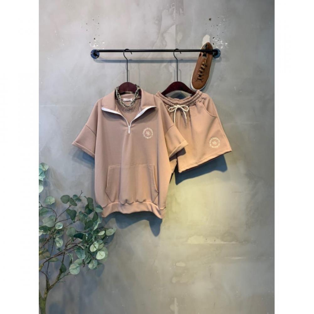 C S In The Room Gikon Waffle Zip Up Collar Short Sleeve waiStband ShortS Set 4  