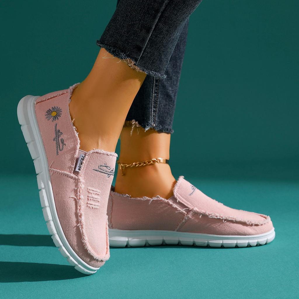 Women'S Casual Low-Top Sneakers with Washed Canvas & Daisy Design