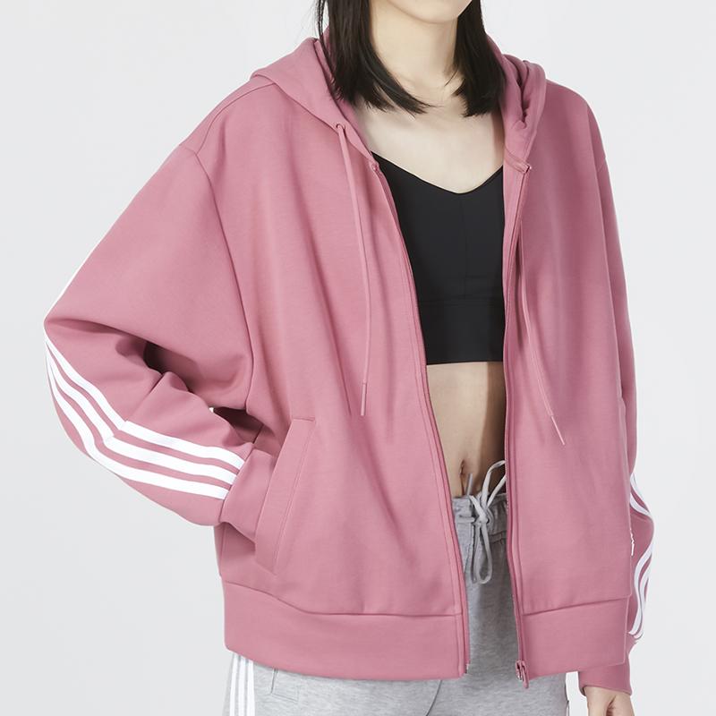 Adidas Полосатая повседневная куртка с капюшоном на молнии, женская верхняя одежда, розовая IB8513