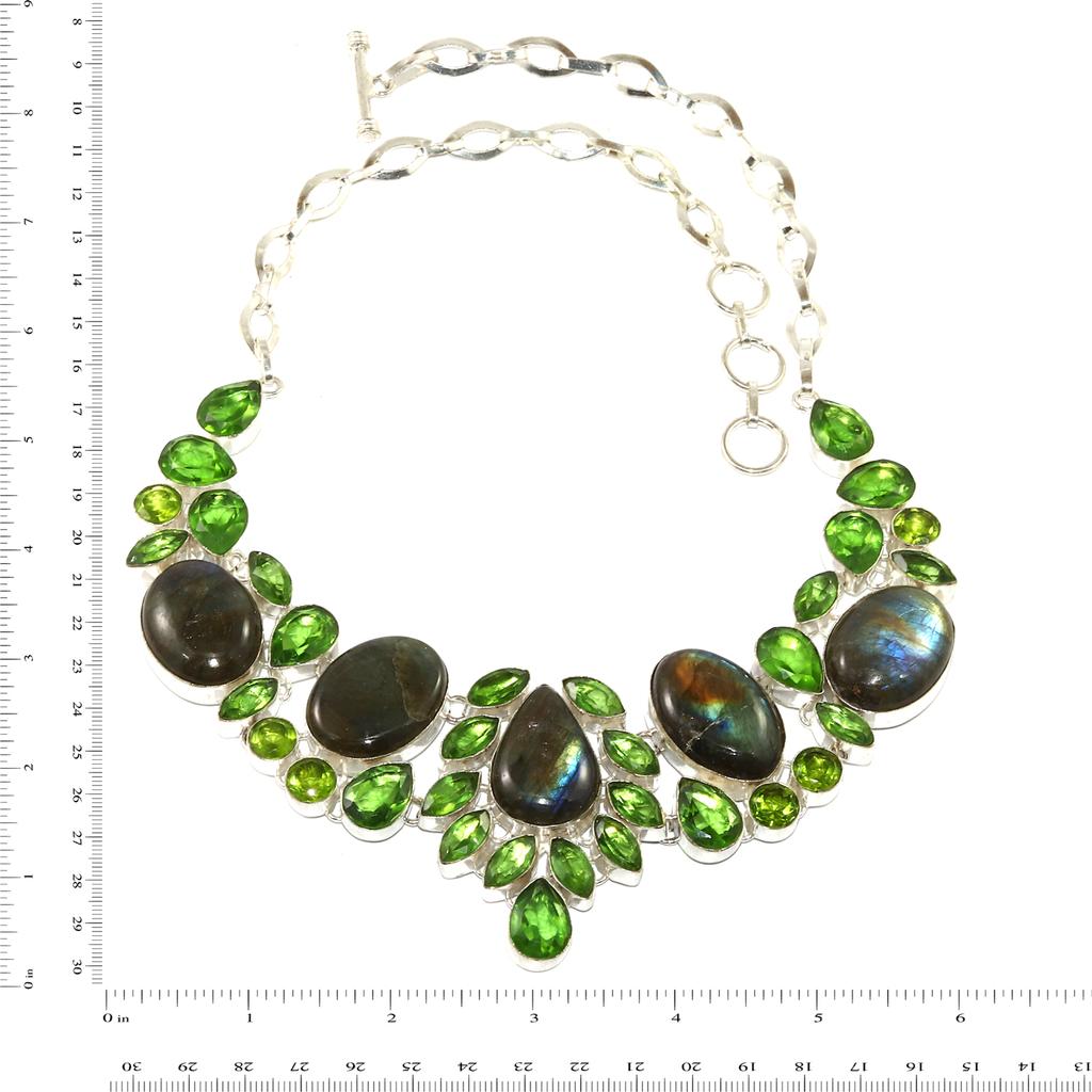 Fiery Labradorite Peridot Gemstone Silver Jewelry Necklace 16-18''