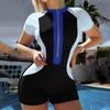 2024 Women's Color Block Sport One-Piece Swimsuit with Tummy Control and Short Sleeves
