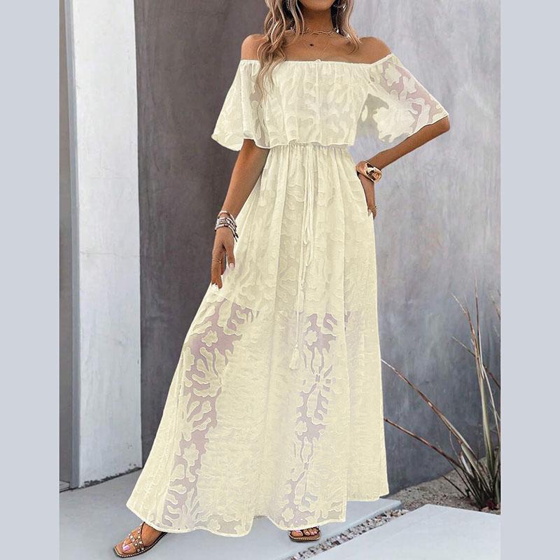 Женское летнее повседневное белое платье с открытыми плечами и вышитым кружевом с высоким разрезом