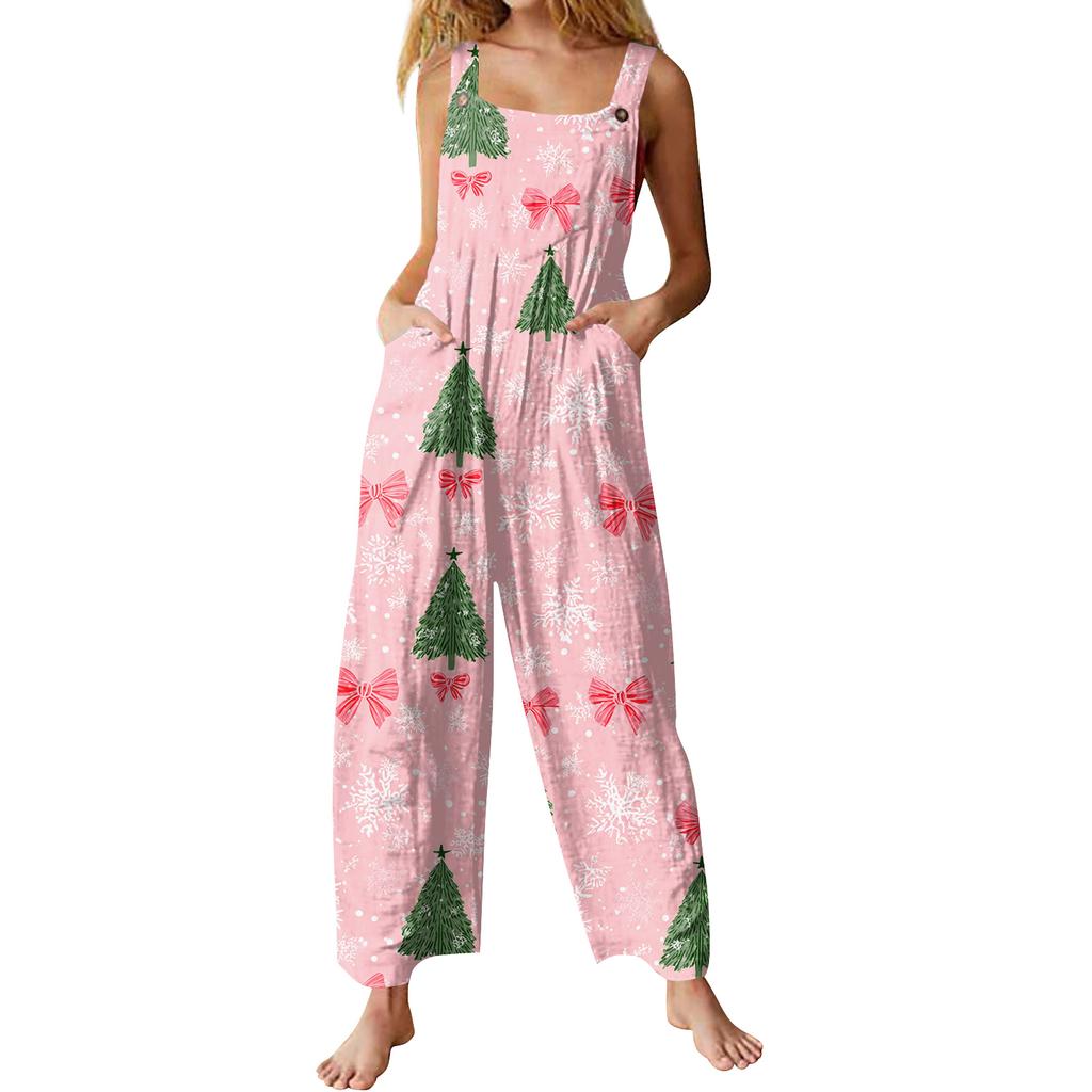 Womens Casual Overalls Jumpsuits Adjustable Straps Sleeveless Print Comfy Rompers With Pocket