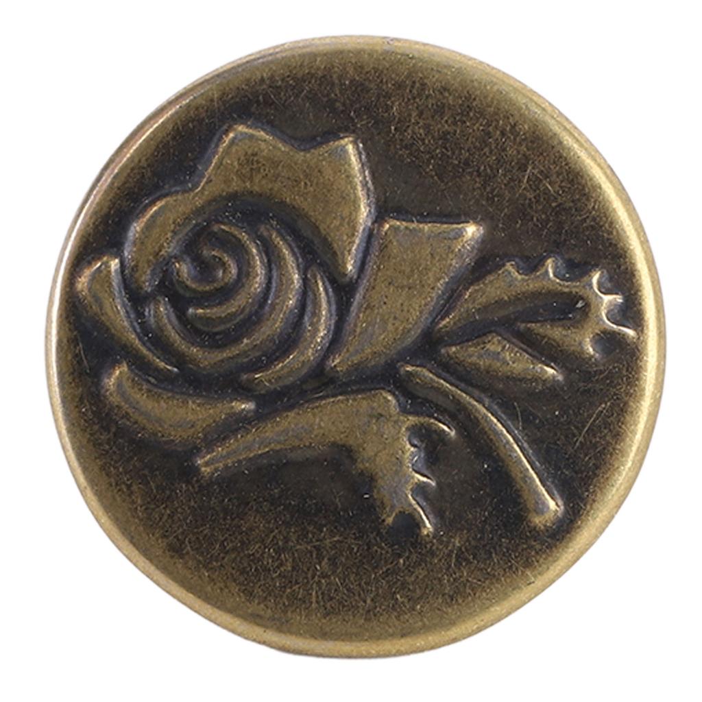 50 Set Pants Buttons No Sew Removable 17mm Rose Pattern Stainless Steel Antique Brass with 2x6.5mm P