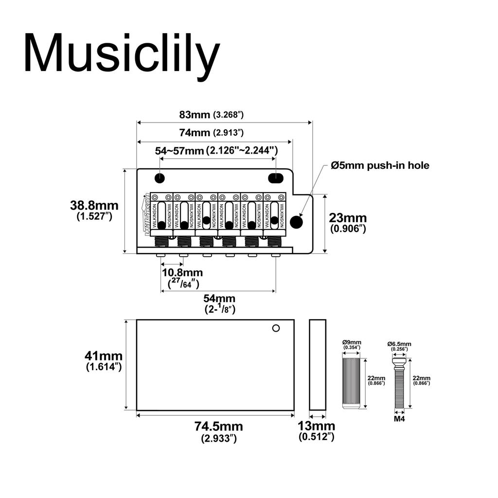 Wilkinson Tremolo Bridge Unit with Vintage Steel Saddles and Full Steel Block for Strat Chrome WV2-SB 10.8mm Two-Piece Imported/Japanese Guitars,