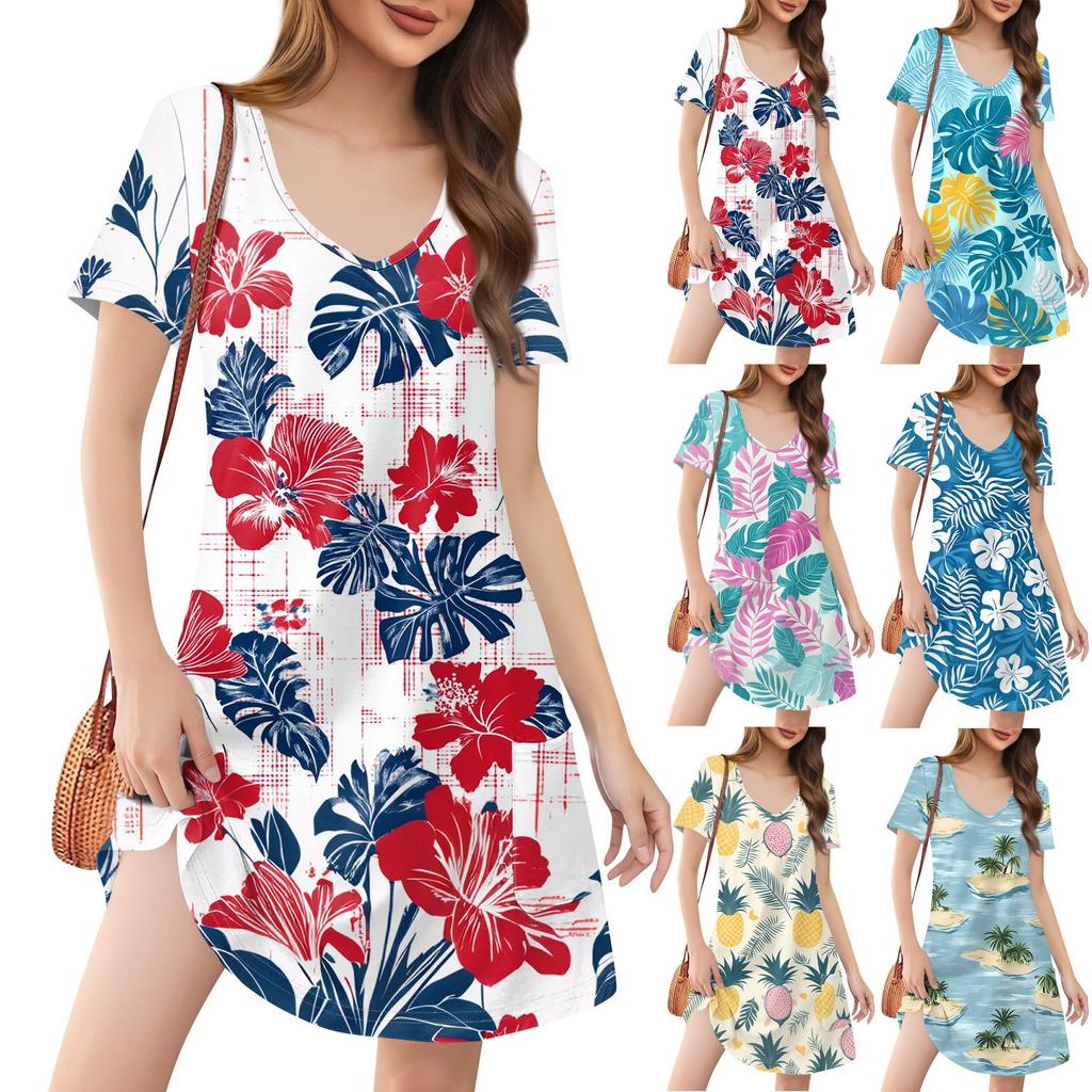 Women's Fashion Casual Printed With Pockets Bohemian Beach V-Neck Short Sleeve Dresses
