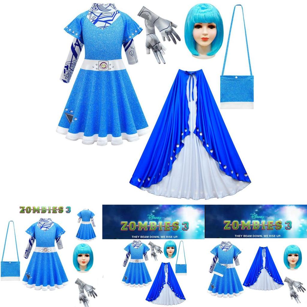 Детский костюм для косплея зомби, платье на Хэллоуин, плащ, парик, сумка, наряд для девочки, подарок