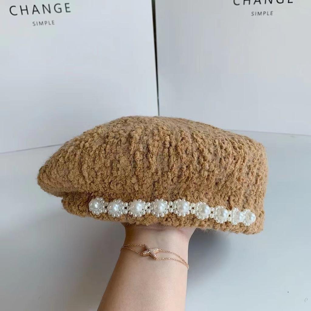 Lamb Wool Winter Top Hat Sweet Pearl Wool Beret Temperament Casual Face Little Painter Hat