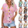 Women's Fashion Short Sleeve V-neck Easter Print Top Casual Button Up T-shirt