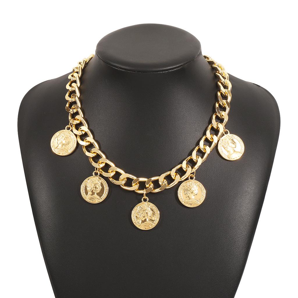 European and American jewelry retro metal coin pendant fringed necklace fashion queen image collarbone chain