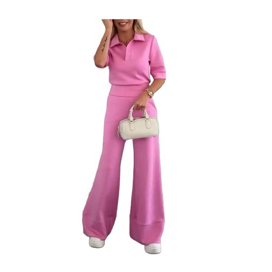 2 шт./компл. Женская повседневная рубашка и брюки, однотонный весенне-летний отложной воротник, короткий рукав, высокая талия, широкие брюки, длинные брюки