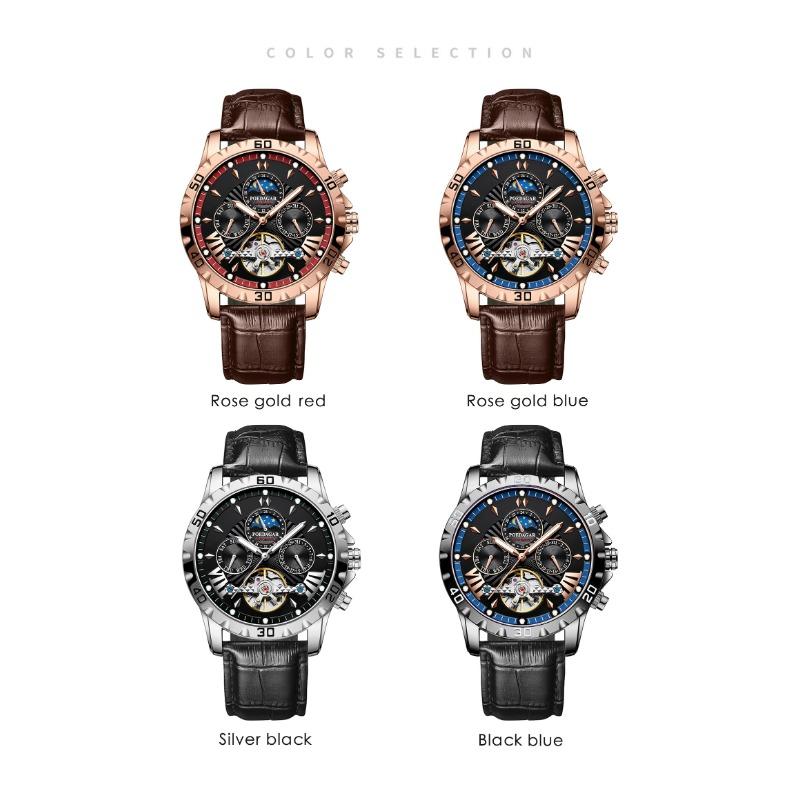 POEDAGAR Tourbillon Automatic Mechanical Wristwatch Waterproof Luminous Date Week Leather Men Watch Luxury Fashion Watches
