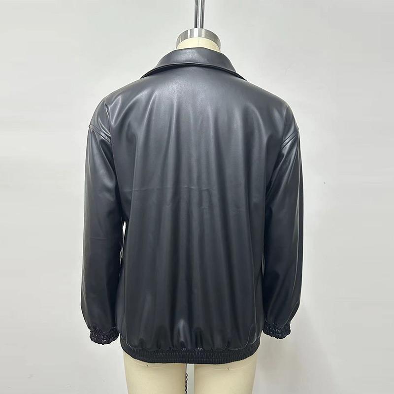 Женская кожаная куртка с длинным рукавом, лацканами, молнией, боковыми карманами, повседневное пальто