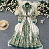 Vintage Flower Print Green Party Dress Women Turn Down Collar Long Lantern Sleeve Buttons Belt Bohemian Robe Vestidos