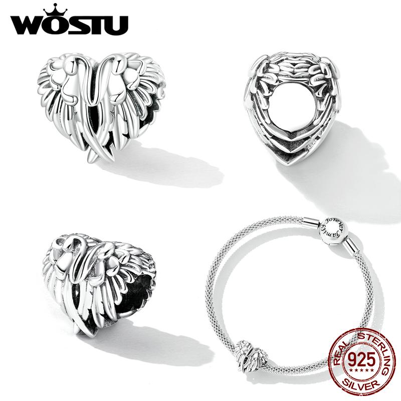 WOSTU Стерлингового серебра 925 пробы, подвеска в форме сердца и крыльев, подвеска из бисера, женский браслет, оригинальный DIY браслет, ювелирное изделие на День Благодарения, подарок