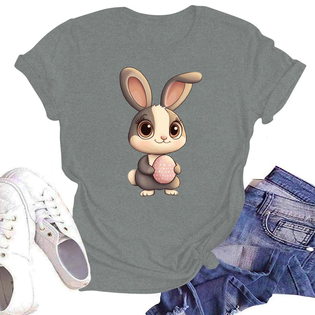 Happy Easter Women's Fashion Printed Round Neck Short Sleeve T-Shirt Pullover Top