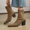 New Rubber Sole Versatile Thin Boots Solid Color High Heel Pointed Large Size Women's Boots Autumn and Winter Square Heel Cowhide Medium Boots