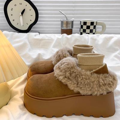 Натуральная кожа толстая подошва увеличивающая рост всеобъемлющие пушистые женские новые зимние бархатные снежные хлопковые туфли сумка голова хлопок моп