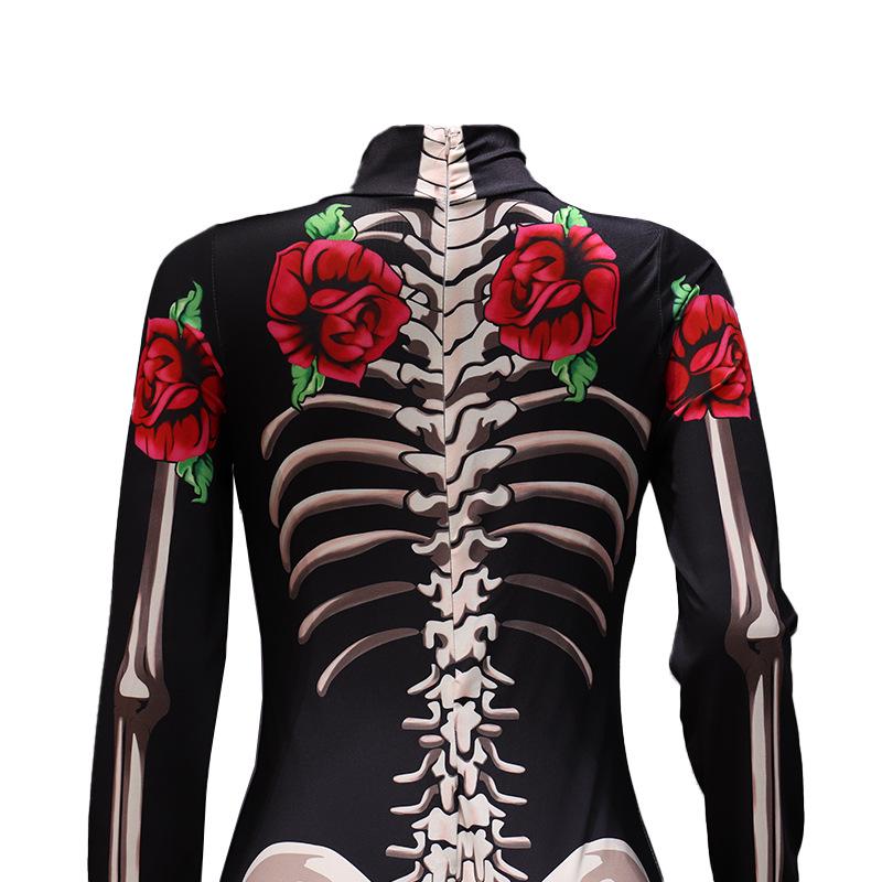 In-Stock Halloween Women's Cosplay Jumpsuit - Rose Skeleton Print for Parent-Child Wear