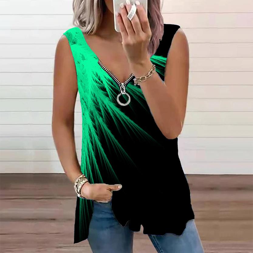 Женский топ, летний новый модный зеленый соломенный принт, повседневный топ без рукавов на молнии с v-образным вырезом, майка на бретелях