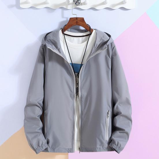 Уличная ветровка с капюшоном и длинным рукавом на молнии, спортивная куртка, сплошной цвет, дизайн с карманами, тонкая солнцезащитная одежда