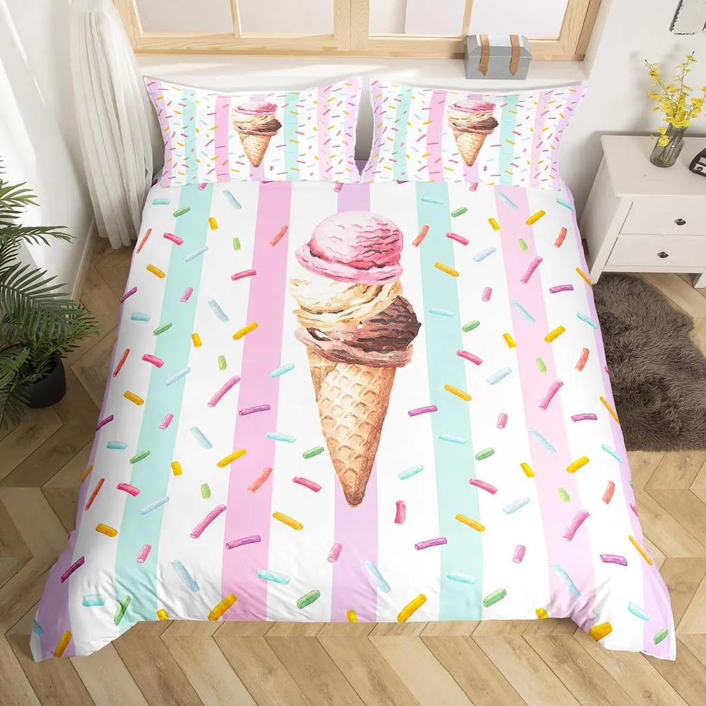 Cartoon Image Bedding Set Melting Ice Cream Pattern Decorative Image Bedding Set With Pillowcase Kids Women Holiday Gift