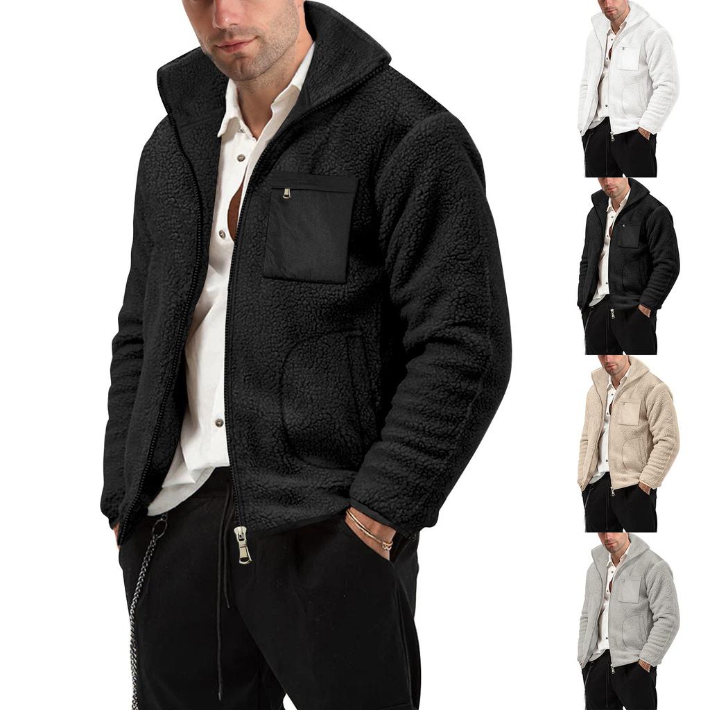 Men's Winter Solid Color Zipper Stand Collar Jacket Men's Casual Fleece Jacket