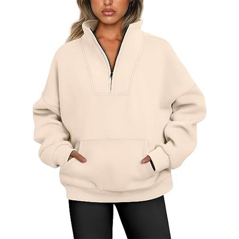 Women's Sweatshirt Stand Collar Solid Color Fashion Pocket Zipper Tops Casual Loose Fleece Ribbed Pullover