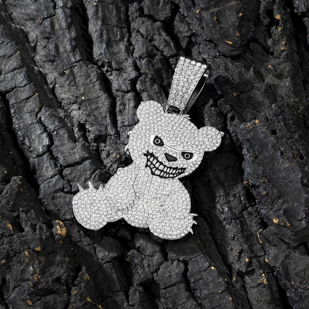 Men Women Hip Hop Bear Shape Pendant Necklace with 13mm Crystal Cuban Chain Iced Out Bling Bling Necklaces HipHop Punk Jewelry