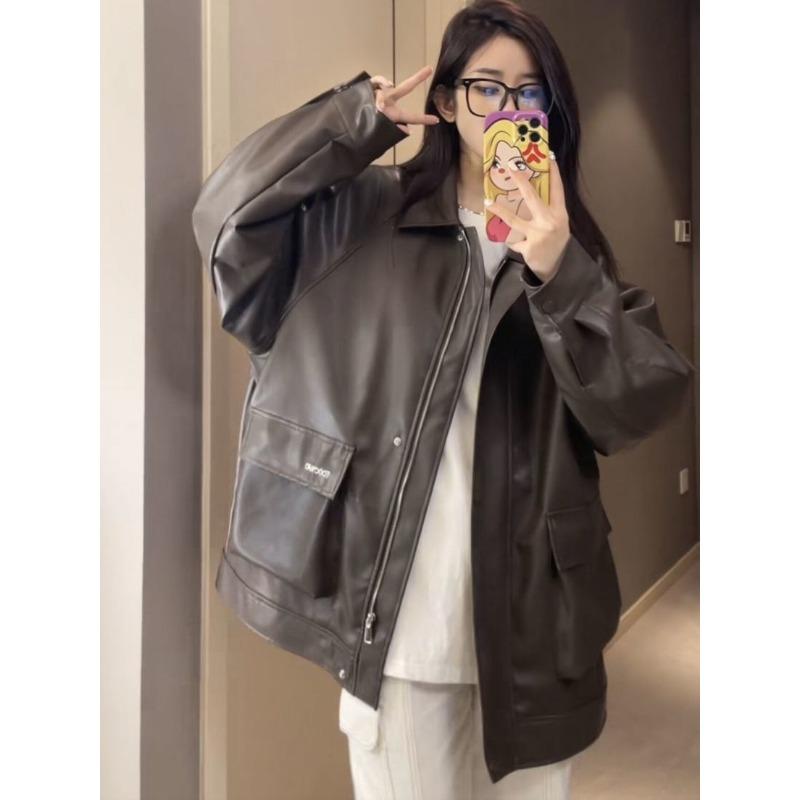 Fashionable and Casual Hong Kong Style Leather Jacket for Women
