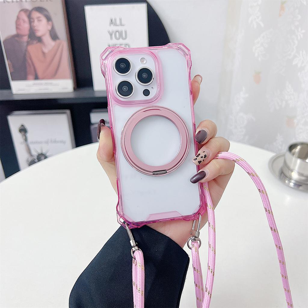For iPhone 15 Pro Magnetic Case Ring Kickstand TPU+PC Phone Cover with Lanyard