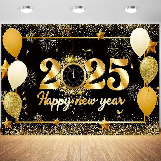 2025 С Новым годом Фон Блестящий Новогодний Подвесной Баннер Черный И Золотой Фото Фон для Домашнего Офиса Вечеринка Декор