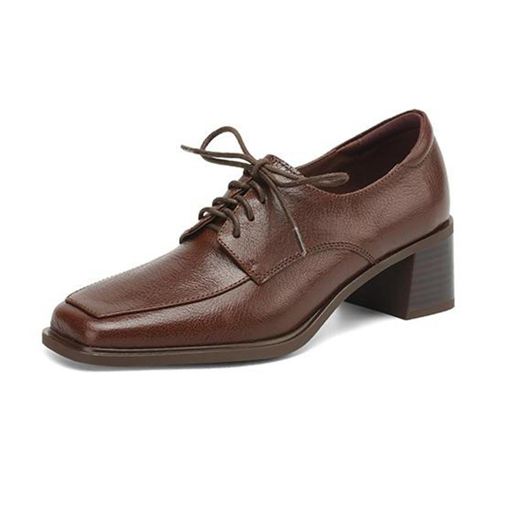 Krazing Pot Sheep Skin Spring Summer Size 42 Size 41 Chunky Heels Women Square Toe Lace Up Deep Mouth Pumps