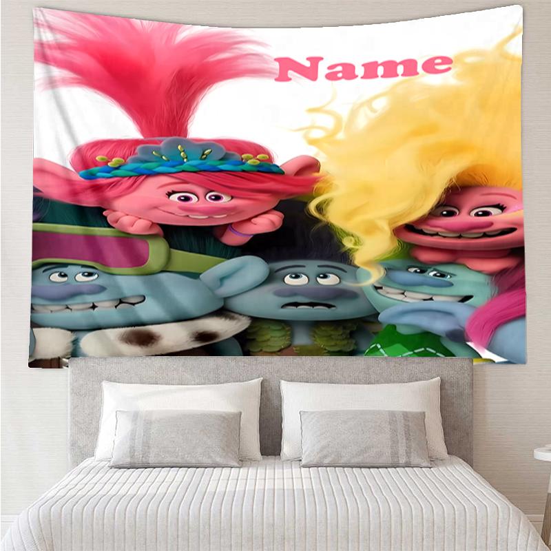 Custom Name Trolls Print Tapestry, Backdrop, Easy Setup, Ideal for Bedroom, Office & Living Room, with Aesthetic Wall Hanging Decor.