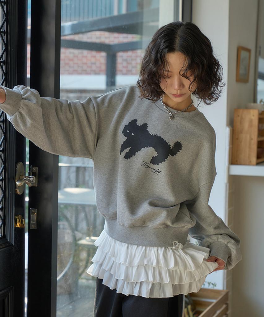 THE GREEN LAB Lovely Cat Crop Sweatshirt [Melange Gray]