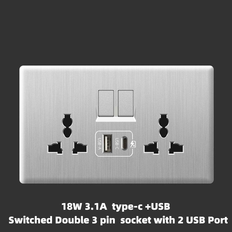 UK 13A with USB Type-c 18W Fast Charging Wall Power Socket plug,Universal Wall Light Household Switch Dual USB Electrical Outlet