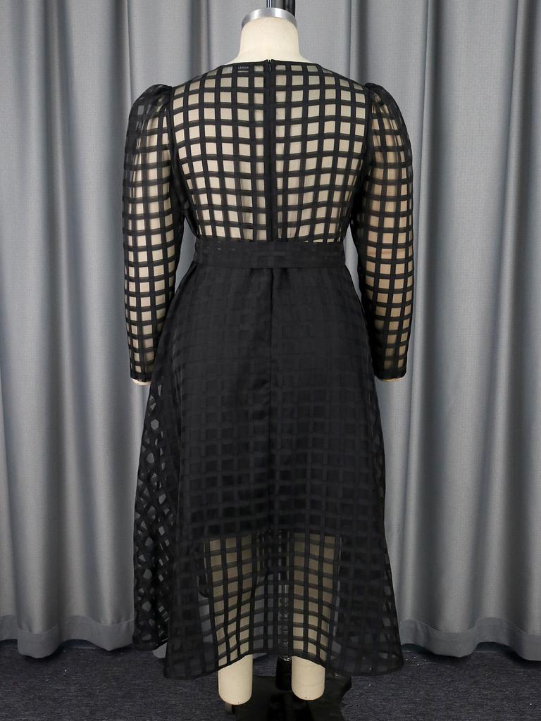 AOMEI Black Plaid Long Sleeve See Through High Waist A Line Evening Casual Daily Party Ball Gowns with Belt