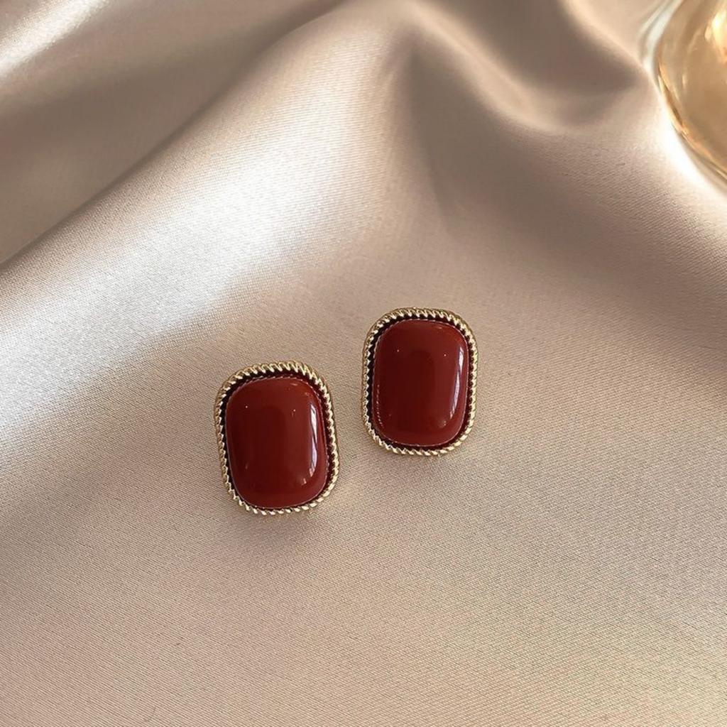 Temperament Geometric Red Enamel Drop Earrings For Women Retro Square Imitation Pearl Flower Heart Round Earrings Luxury Jewelry