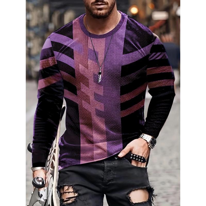 Fashion Men's Irregular Stripe Pattern Round Neck Long Sleeve Fashion T Shirt Spring And Autumn Outdoor Sports Top T Shirt