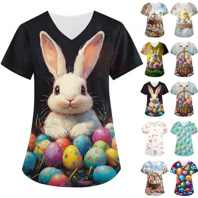 Женская модная футболка с короткими рукавами и v-образным вырезом с принтом, маленькая рабочая футболка с карманами