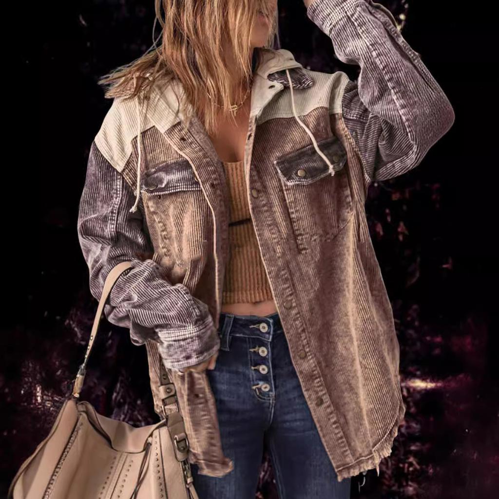 Женская осенняя вельветовая куртка с капюшоном и длинными рукавами с пряжкой и капюшоном с карманом