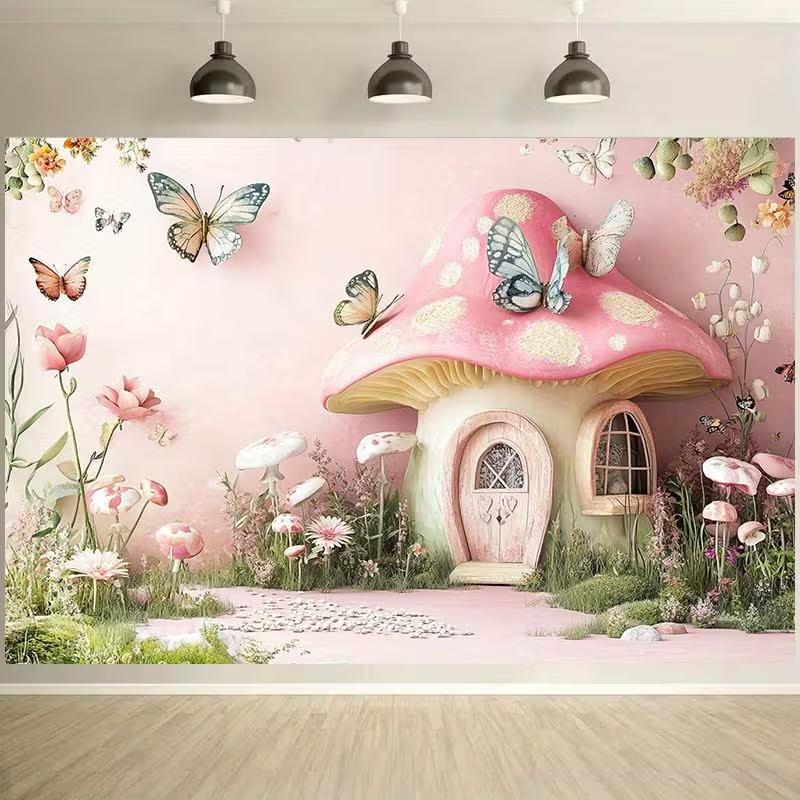 2D Enchanted Mushroom Cottage Backdrop, Pink Fairy Garden Party Background Cloth