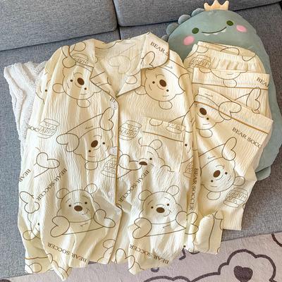 Japanese Style Pajamas Women's Spring and Autumn New Cartoon Cute Winnie the Pooh Cardigan Long-sleeved Loungewear Suit Real Shot